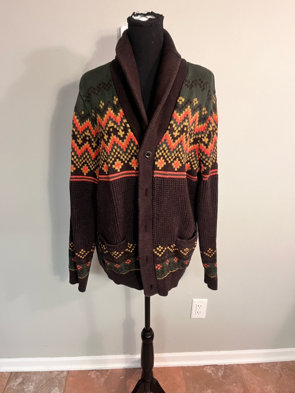 Vintage L.L. Bean Brown Shawl Collar Fair Isle Cardigan with Multicolor Pattern